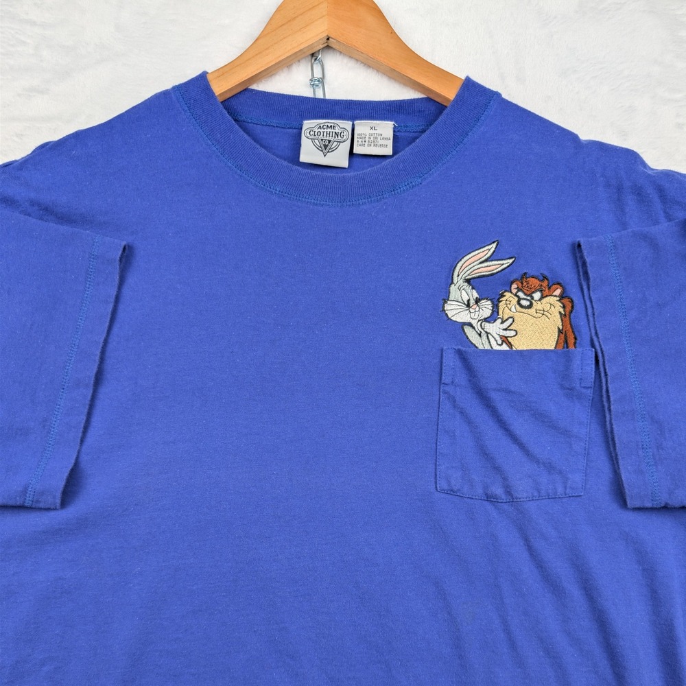 VTG Acme Clothing T-Shirt Mens XL Blue Bugs Bunny Taz Looney Tunes Pocket 90s